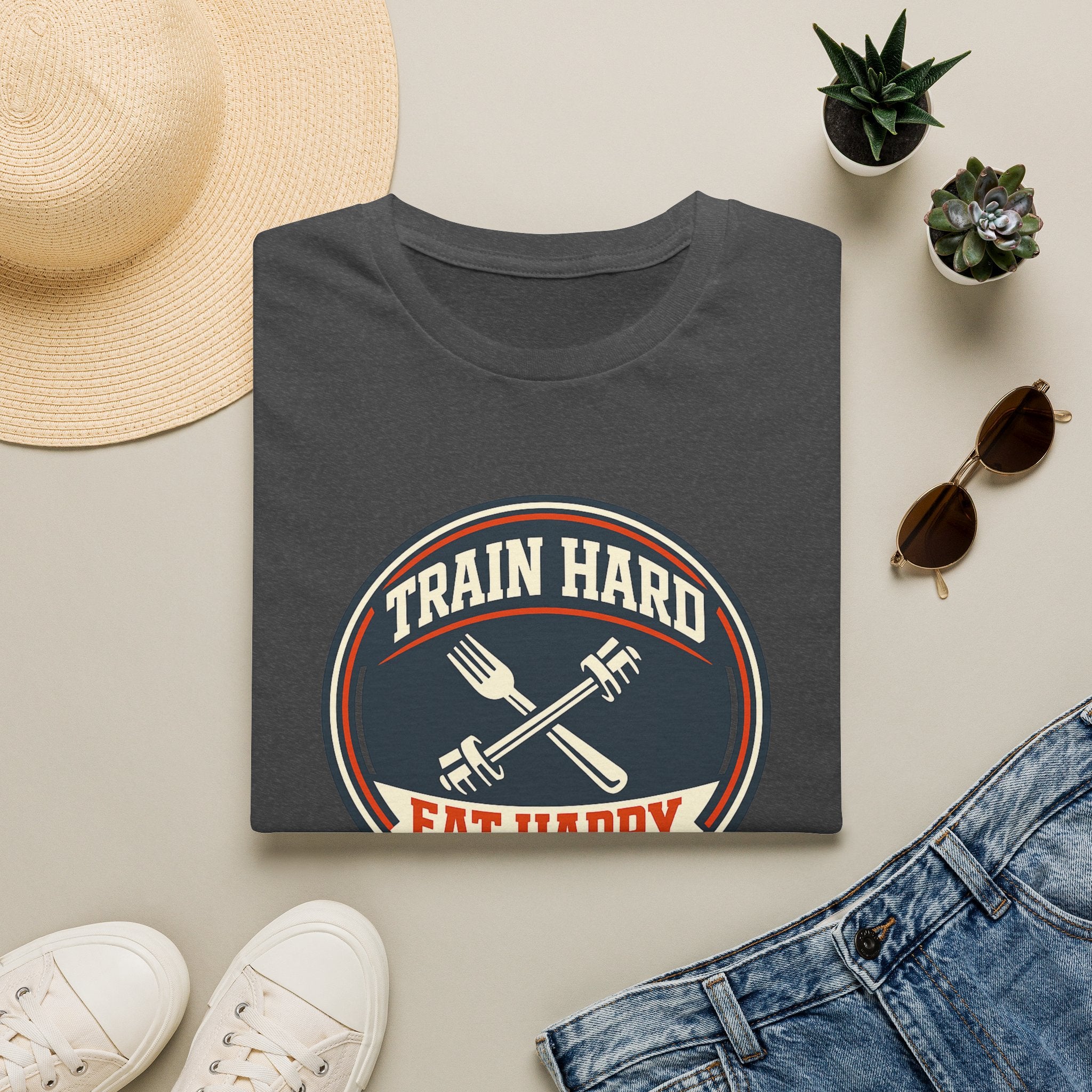 Train Hard. Eat Happy. | Premium Unisex T-Shirt | Gym Then Tacos