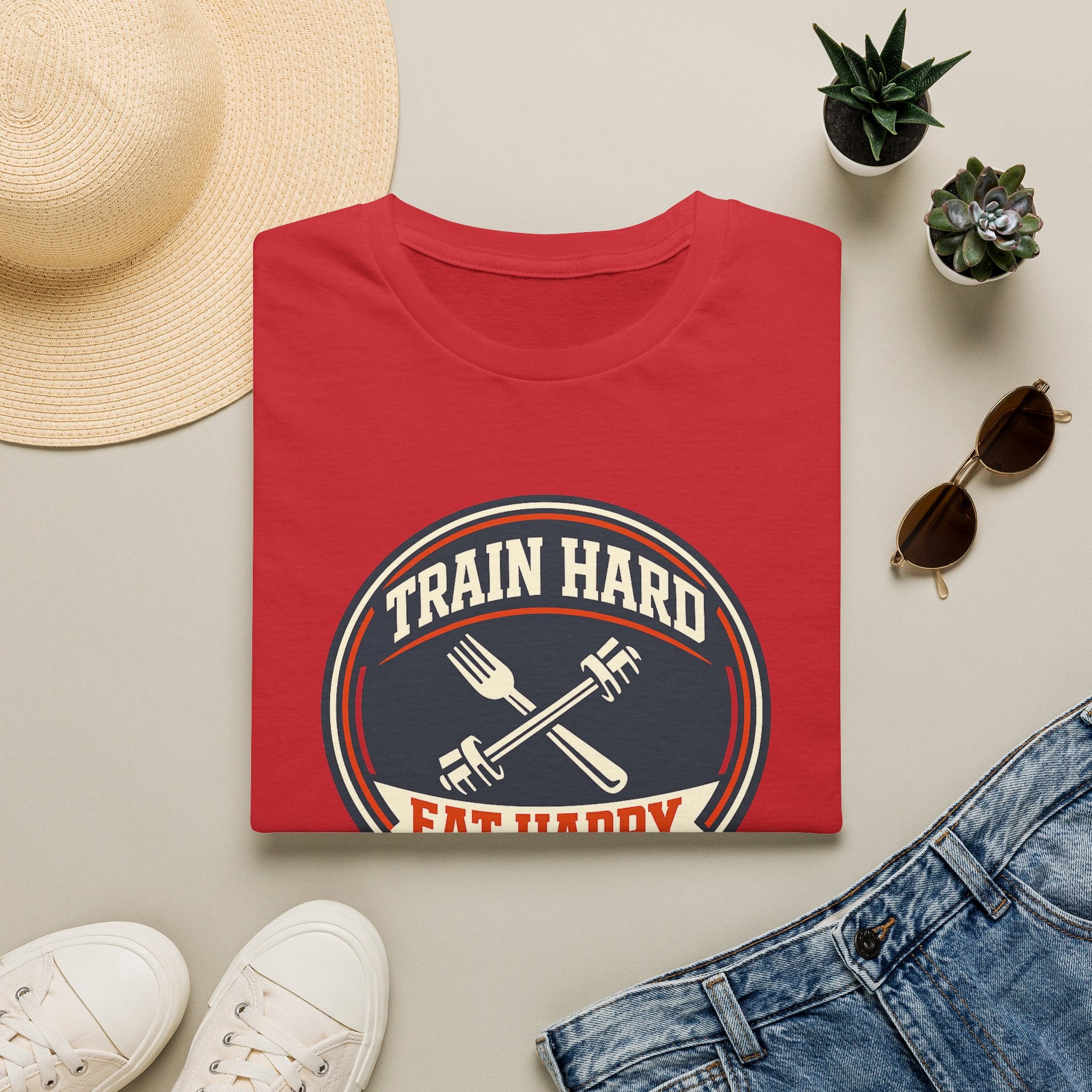 Train Hard. Eat Happy. | Premium Unisex T-Shirt | Gym Then Tacos