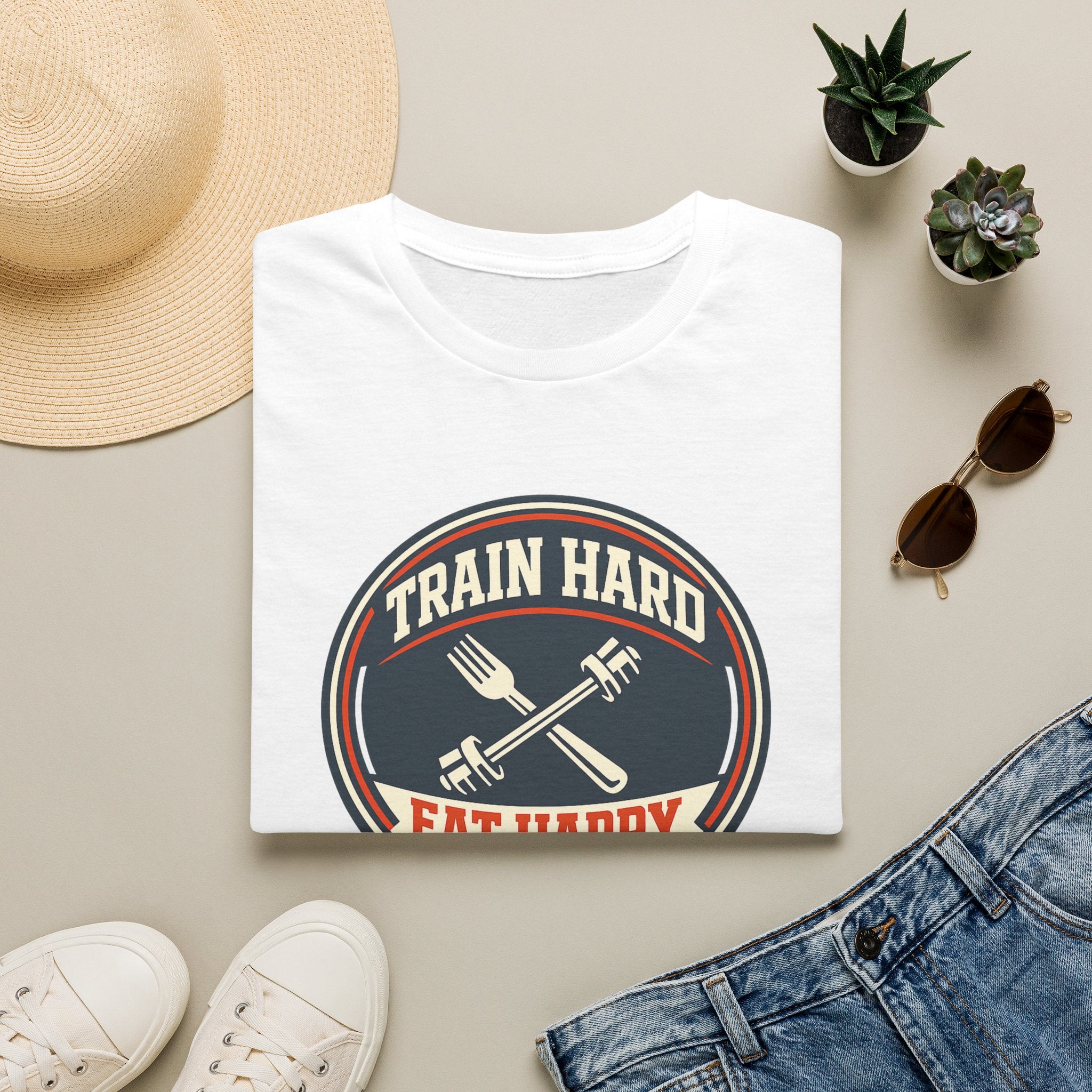 Train Hard. Eat Happy. | Premium Unisex T-Shirt | Gym Then Tacos