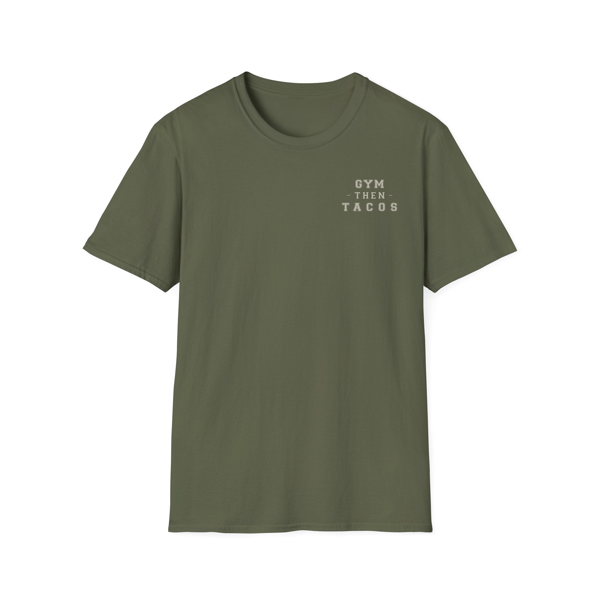 T-Shirt — 'Gym Then Tacos' Minimal Fitness & Food Quote Tee